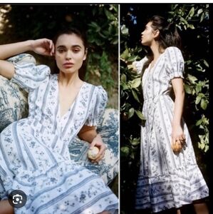 Reformation White and Blue Puff Sleeve V-Neck Midi Dress